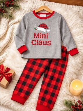 NWT -Girls 2 piece Christmas Pajama Set Mini Clause Buffalo Plaid -Holiday